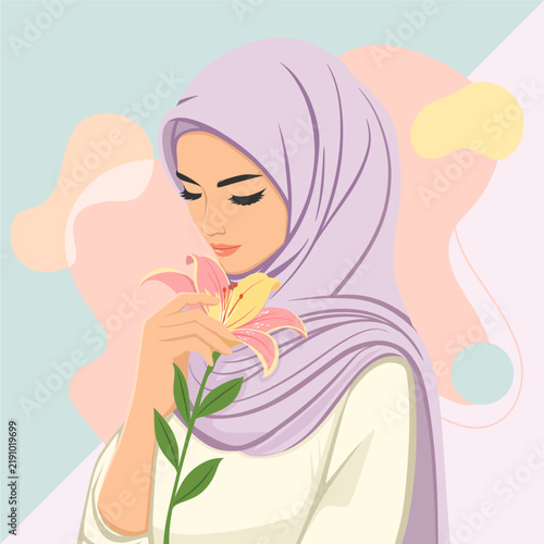 Beautiful hijab woman holding a lily flower vector illustration