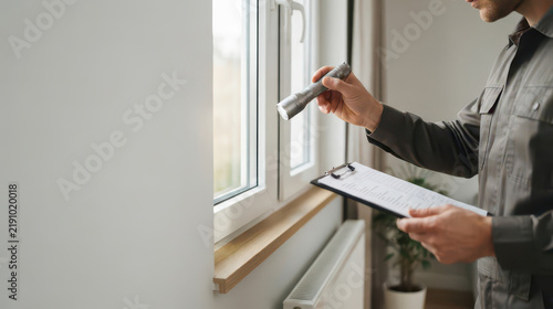 Home buying real estate mortgage financing inspection shows professional assessment of window condition for informed property investment