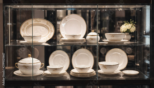 Photography A collection of white porcelain dinnerware with gold rims displayed inside a gla