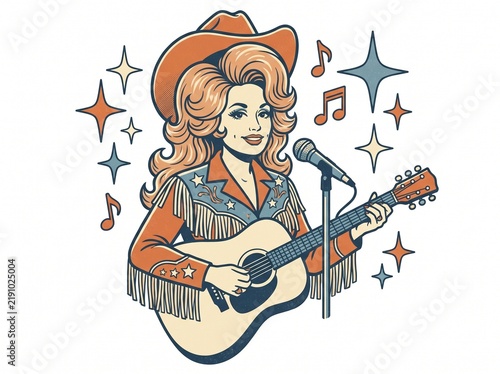 Retro country music star woman vector illustration with big hair and stars, vector isolated on white
