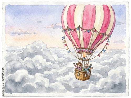 Hot air balloon carrying two passengers flies above white fluffy clouds in a watercolor sky.