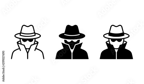 Undercover spy agent silhouette outline and solid vector pictogram logo collection