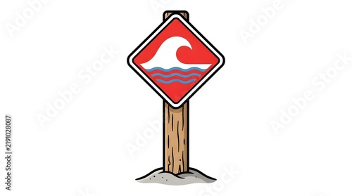 Illustration of a red diamond warning sign showing a large wave. Perfect for tsunami alerts, high tide warnings, beach safety, and coastal hazard themes.