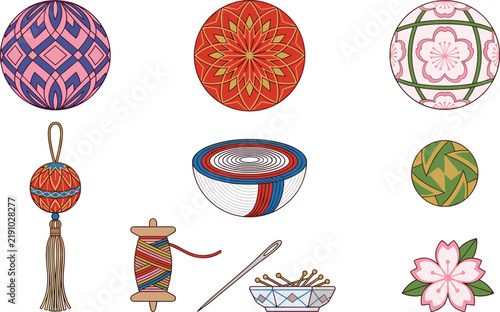 Foto Traditional Japanese temari balls and embroidery craft vector icon set featuring