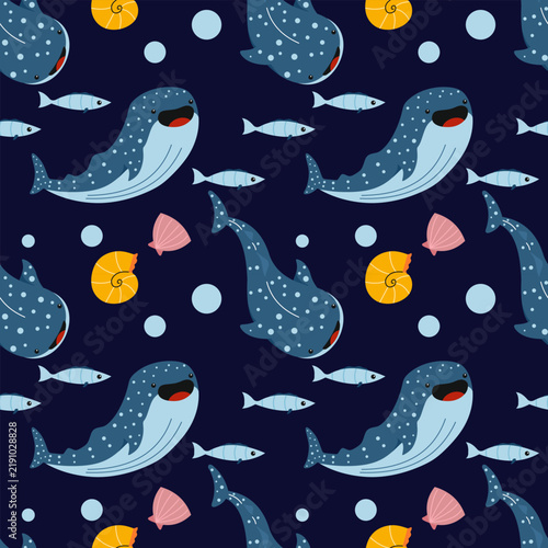 Cute whale sharks on blue background. endless seamless pattern for printing on fabric or paper.
