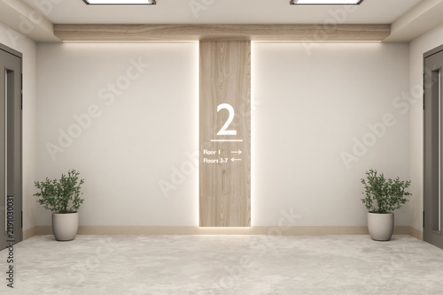 Minimalist Modern Hallway Interior with Floor Directory Sign on Wooden Panel