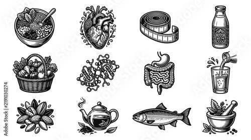 Nutrition and Health Line Art Icons Set: Food, Human Organs, Lifestyle  Natural Remedies Illustrations