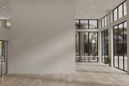 Empty Modern Hall Interior with Blank Feature Wall and Large Windows