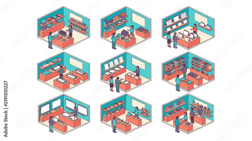 Fototapeta premium Minimalist Isometric Illustrations of Library or Office Workspaces with People Handling Books Computers and Documents