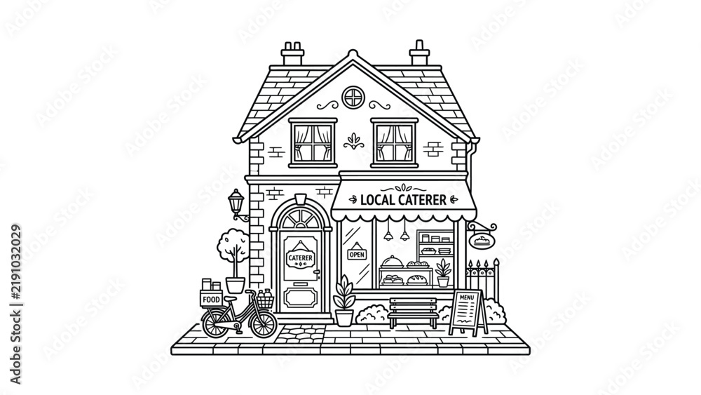 Fototapeta premium Charming Hand-Drawn Local Caterer Shop Exterior with Bicycle, Bench, and Signage - Vector Illustration