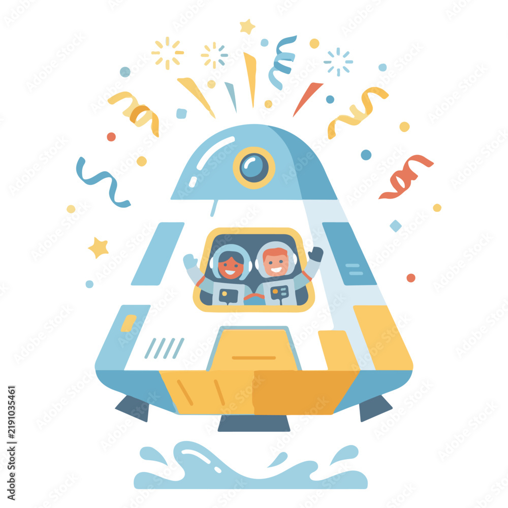 Fototapeta premium Astronauts waving from inside a landing space capsule with confetti space travel space exploration confetti