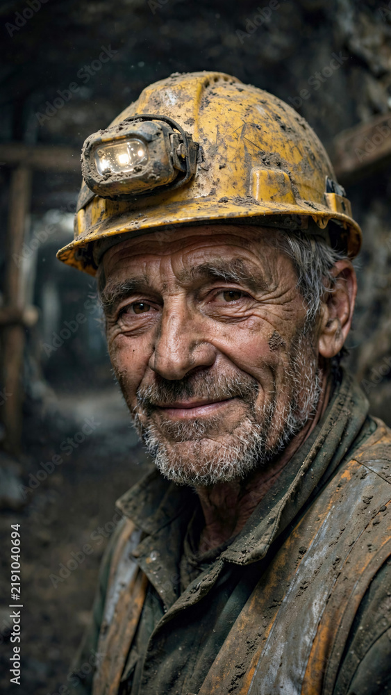 Fototapeta premium Portrait of Senior Male Miner with Dust on Helmet Smiling after Shift