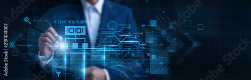 Obraz na płótnie Businessman Pointing Algorithm Development, advanced software engineering logic and data code structure, complex mathematical computing, machine learning process, automated system code optimization