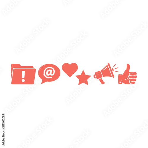 Red social media icons set including folder, email, heart, star, megaphone and thumbs up