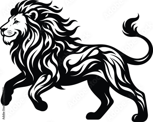 Majestic walking lion line art vector illustration black and white animal logo design