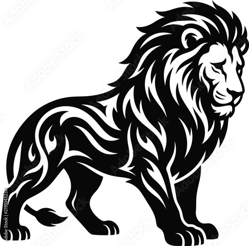 Majestic standing lion line art vector illustration black and white animal logo design