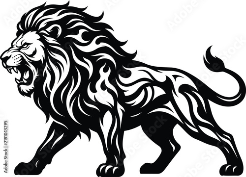 Angry roaring lion vector illustration in black flame tribal tattoo style isolated on white background