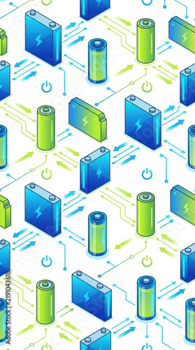 Lithium battery energy flow with blue and green battery icons and arrows showing power transfer and connection