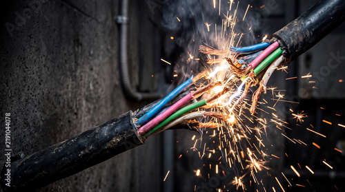 Severed electrical cable sparks and frays displaying exposed wires