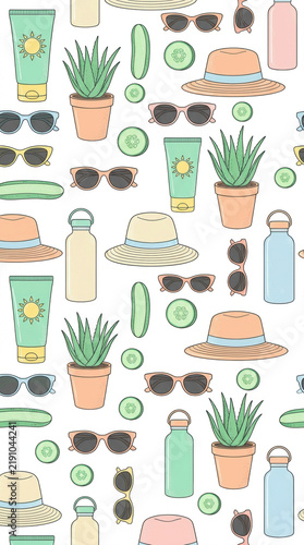 Summer wellness aloe sunscreen sunglasses hat water bottle cucumber seamless aloe vera sun protection hydration summer