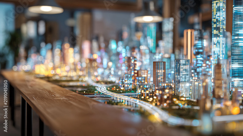 Photorealistic miniature futuristic city built across an enormous wooden desk surface, tiny skyscrapers, roads, parks and glowing windows appearing like a living metropolitan model,