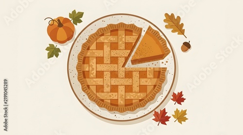 Lattice top pumpkin pie on plate with autumn leaves and pumpkin
