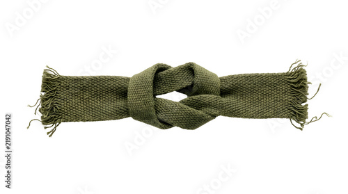 Khaki green fabric strip tied in a simple knot with frayed edges.