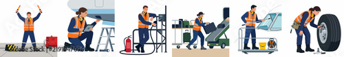 Set of vector illustrations depicting airport ground crew members performing tasks like aircraft maintenance, marshalling, baggage handling, refueling, and inspection.