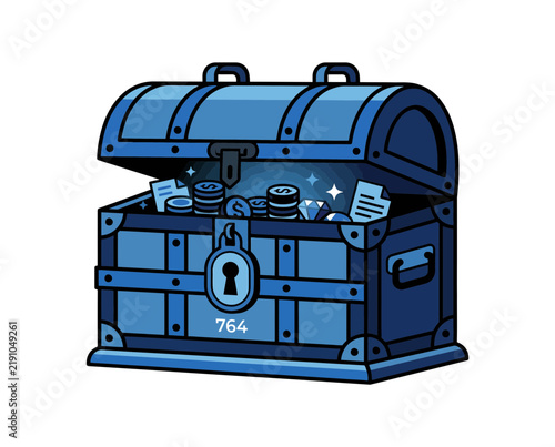 Open Treasure Chest Filled with Gold Coins, Diamonds, and Documents, Isolated