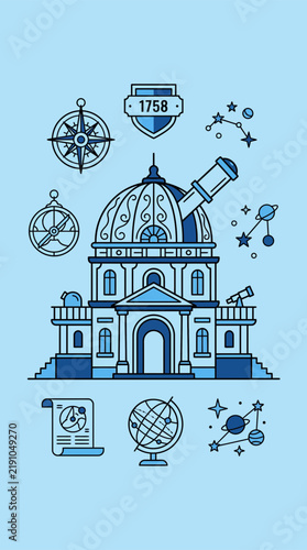 Observatory Building with Telescope, Globe, Compass, Constellations, and Astronomical Charts - Science and Discovery