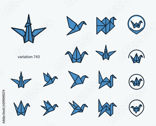 Origami Crane Icons Set, Geometric Bird Paper Craft Vector Graphics, Isolated Blue Symbols