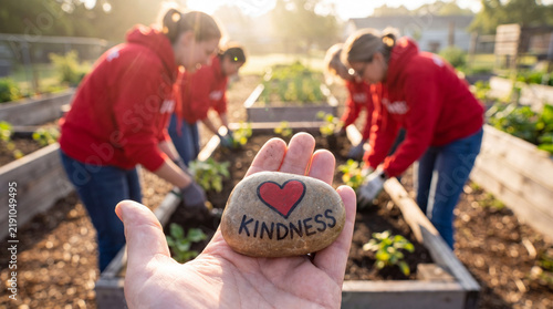 World Kindness Day close-up of a painted kindness rock with a heart symbol, volunteers gardening blurred in background, perfect for charity content and campaign imagery.