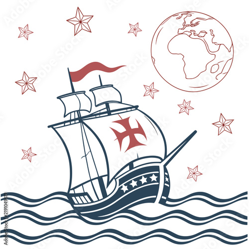 Columbus Day Vintage Sailing Ship Vector Illustration in Badge Style