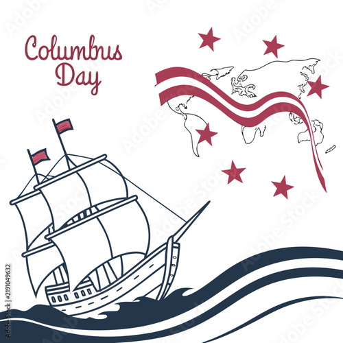 Columbus Day Vintage Sailing Ship Vector Illustration in Badge Style