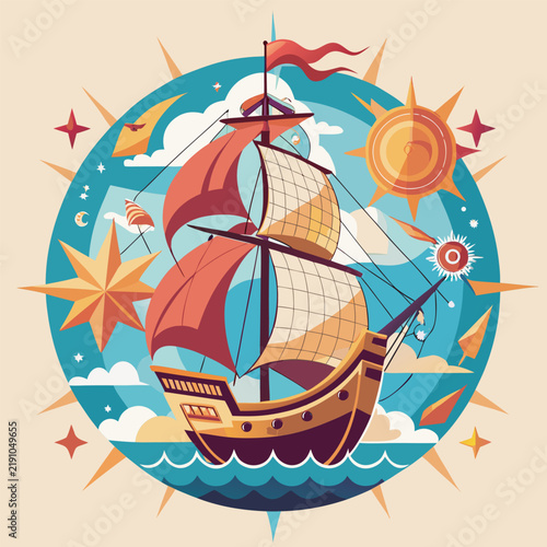 Columbus Day Vintage Sailing Ship Vector Illustration in Badge Style