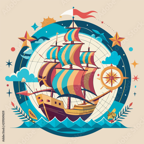 Columbus Day Vintage Sailing Ship Vector Illustration in Badge Style