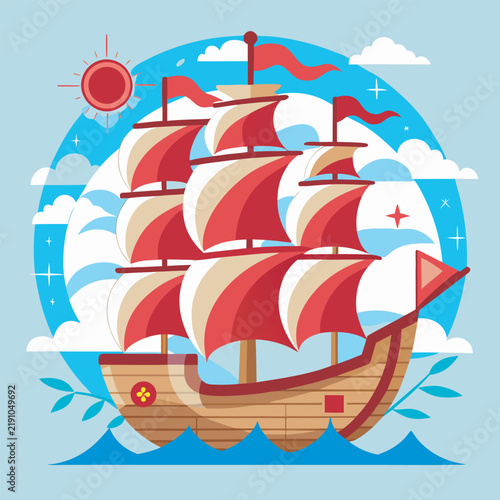 Columbus Day Vintage Sailing Ship Vector Illustration in Badge Style