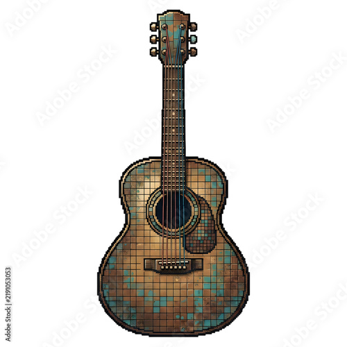 Classic acoustic guitar with black pickguard and aged wood finish