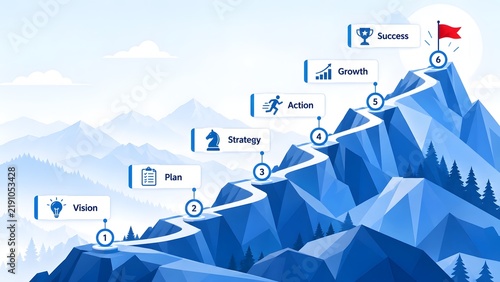 Business growth strategy mountain path from vision planning to final success