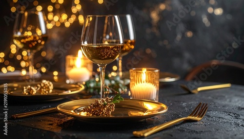 Elegant romantic dinner table setting with white wine glasses, golden plates, candles and warm bokeh lights for a luxury holiday celebration