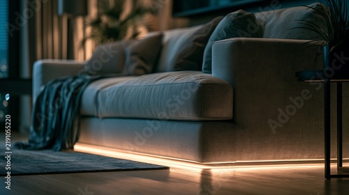 Modern living room sofa with warm ambient LED floor lighting at night.