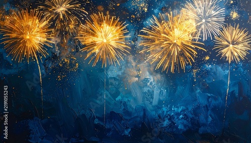 Large golden fireworks bursting in a dark blue night sky with smoky atmosphere and glowing trails, dramatic celebration banner for holidays, festivals and special events