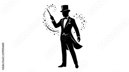 Magician performing magic trick with wand isolated on white background