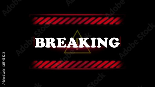 A dramatic video showcasing a breaking news alert with a bold red and yellow design on a black background