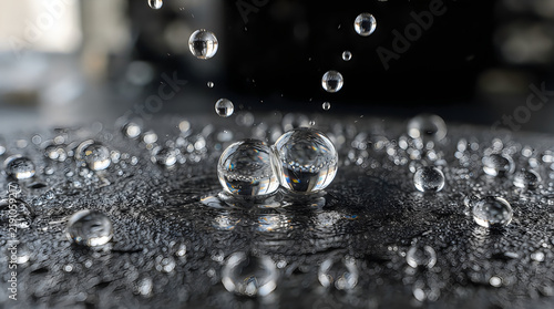 Clear water drops falling on a dark reflective surface
