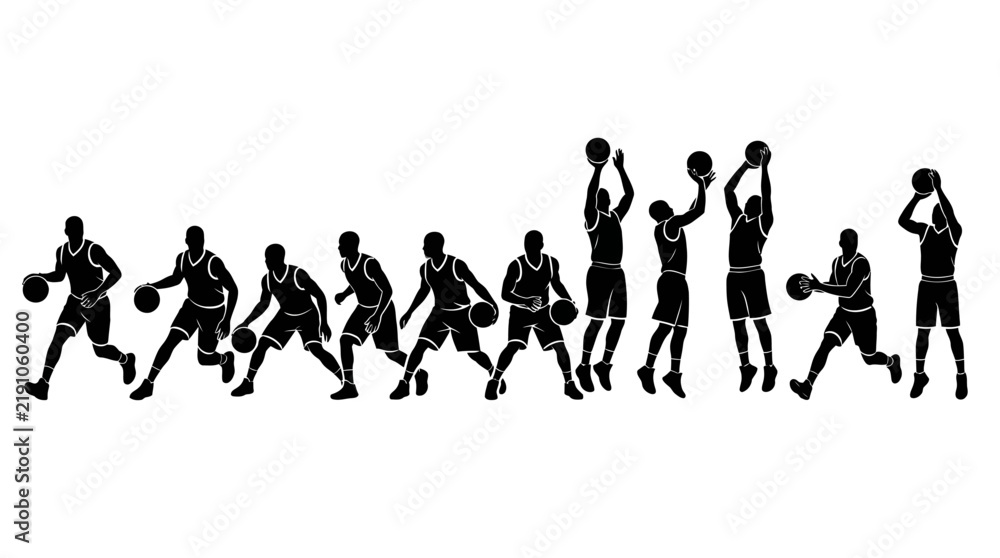 Obraz premium Dynamic Silhouette Basketball Players in Action Sequence.