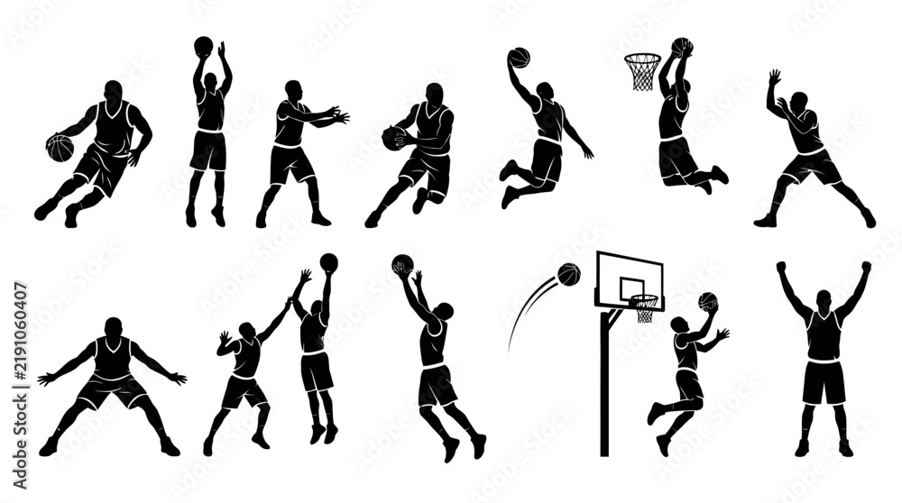 Fototapeta premium Dynamic Silhouette Collection Basketball Action Shots.