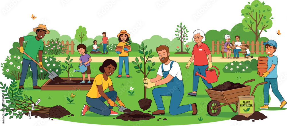 Fototapeta premium Flat vector illustration of diverse community people volunteering together for seasonal gardening and planting trees in public park