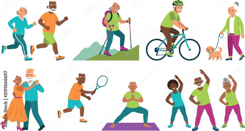Fototapeta premium Flat vector illustration set of active senior citizens exercising featuring jogging cycling hiking dancing tennis and yoga practices