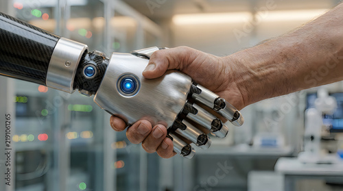 Robot hand shaking hands with a human in a factory